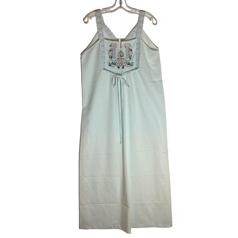 Vintage Sears Nightgown Womens Medium Light Blue Lace Trim Embroidered Maxi 70s